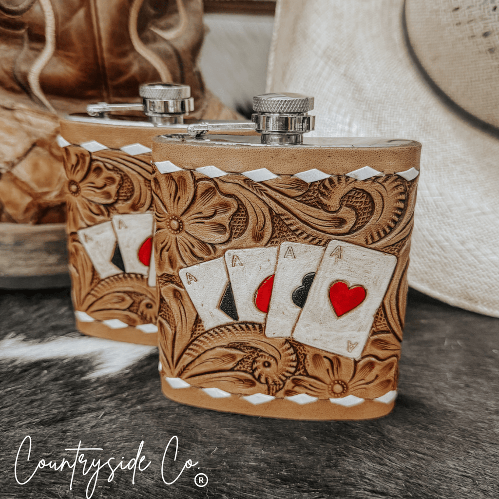 Gambler Tooled Leather Flask - Rustic Avenue