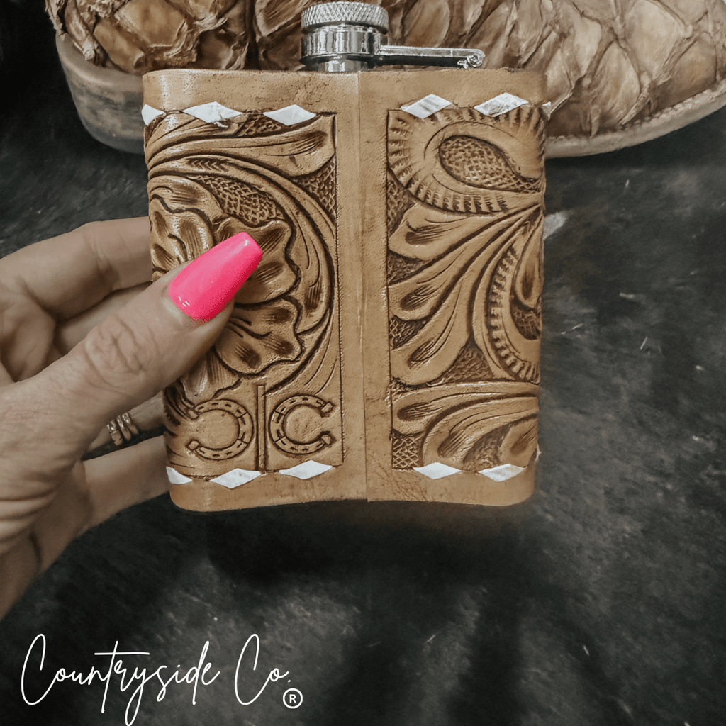 Gambler Tooled Leather Flask - Rustic Avenue