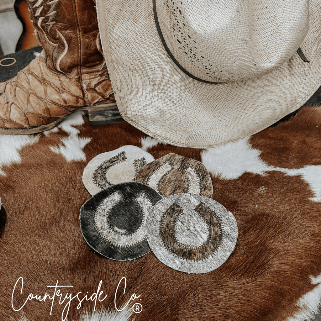 Horseshoe Cowhide Coaster Set - Rustic Avenue