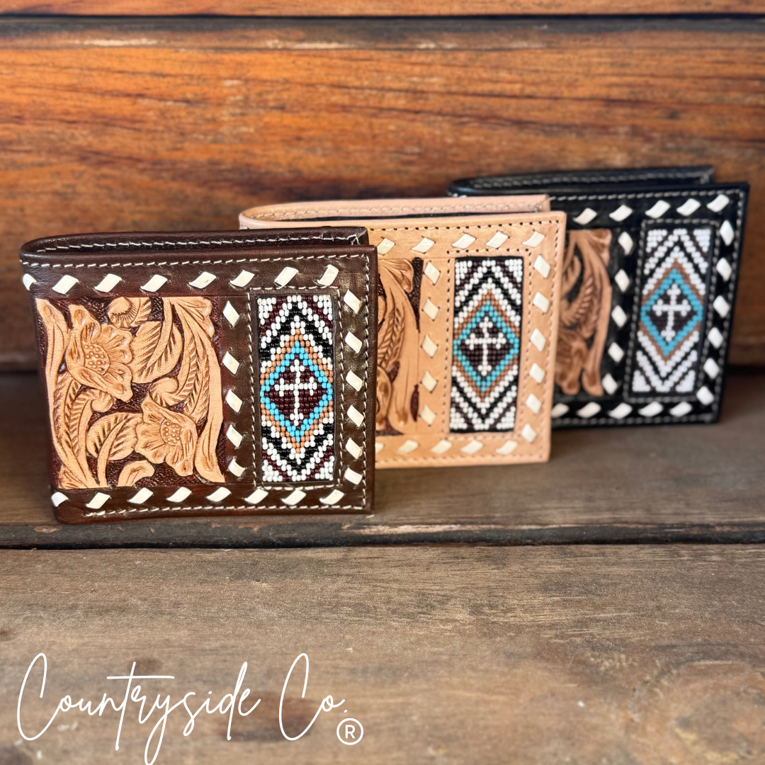 Beaded Cross Leather Men's Wallet