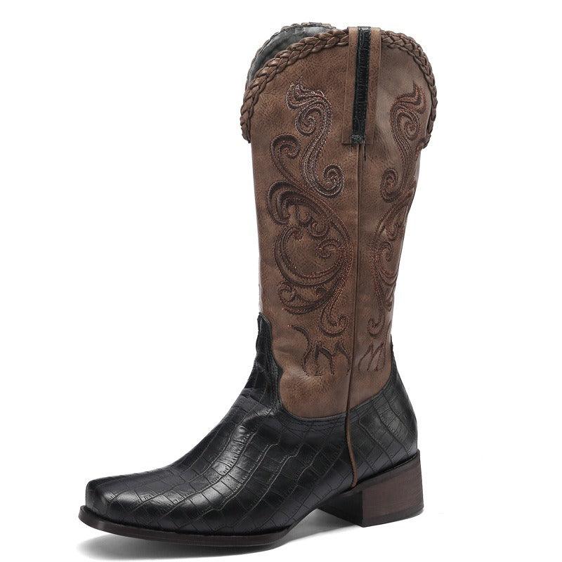 Rustic Western Braided Boots – Retro Cowboy Style with Snakeskin Detailing - Rustic Avenue