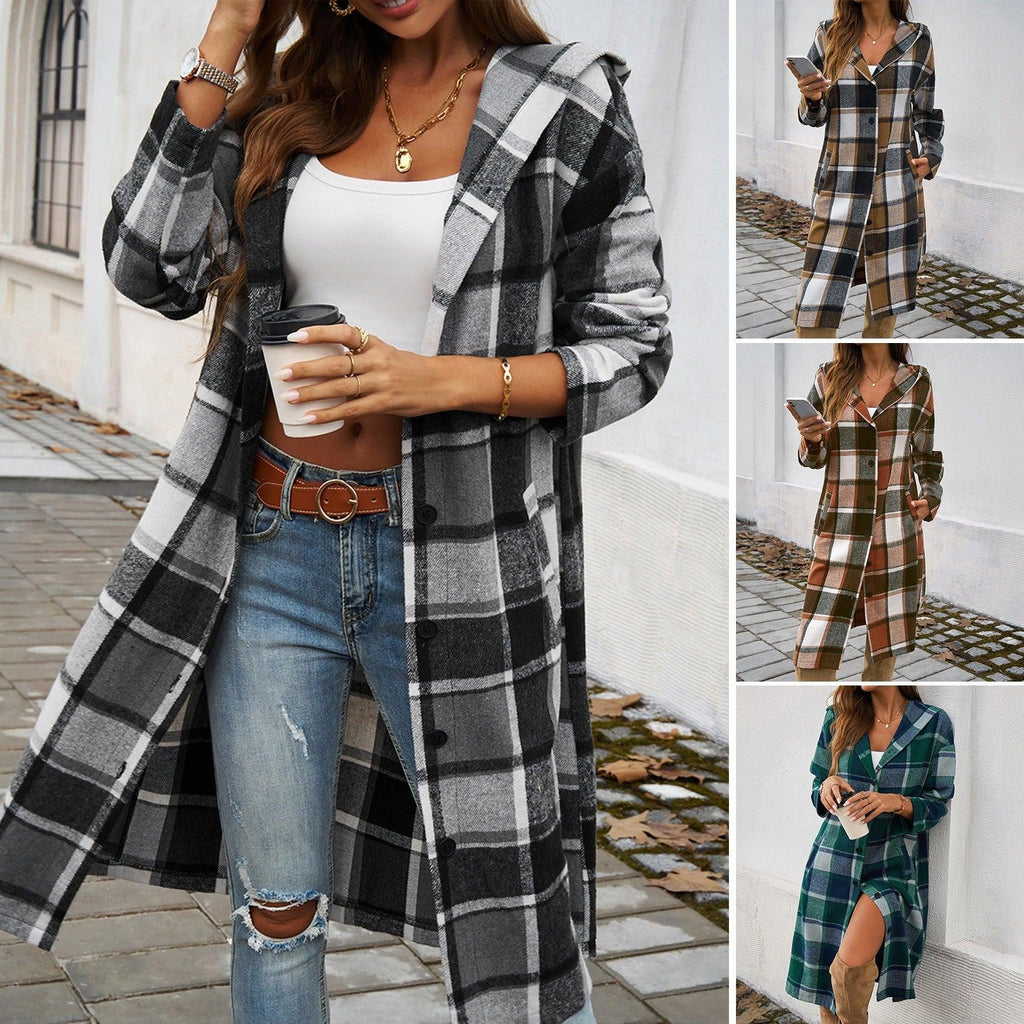 Contrasting Color Hooded Jacket – Stylish Cowgirl Outerwear with Checkered Pattern - Rustic Avenue