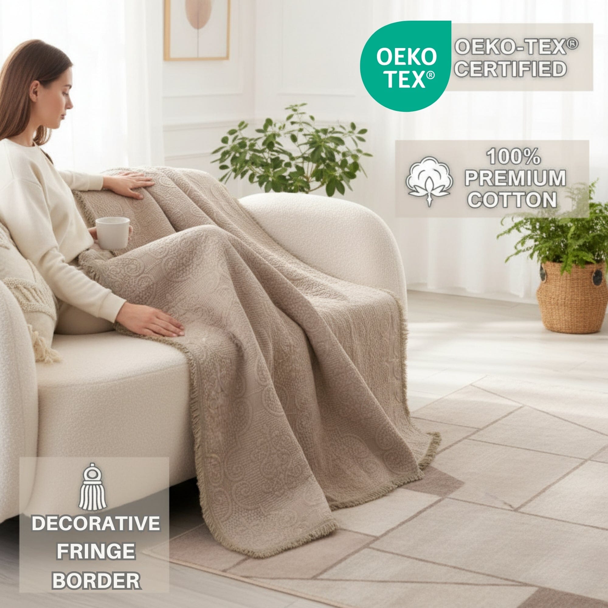 DaDa Bedding Elegant Fringed Cotton Quilted Throw Blanket - Luxurious Solid Soft Paisley Pattern, Cozy Lightweight Lap Throw, Perfect for Couch or Bed, Neutral Sandy Taupe Tan Beige, 50x60 Inches - Rustic Avenue