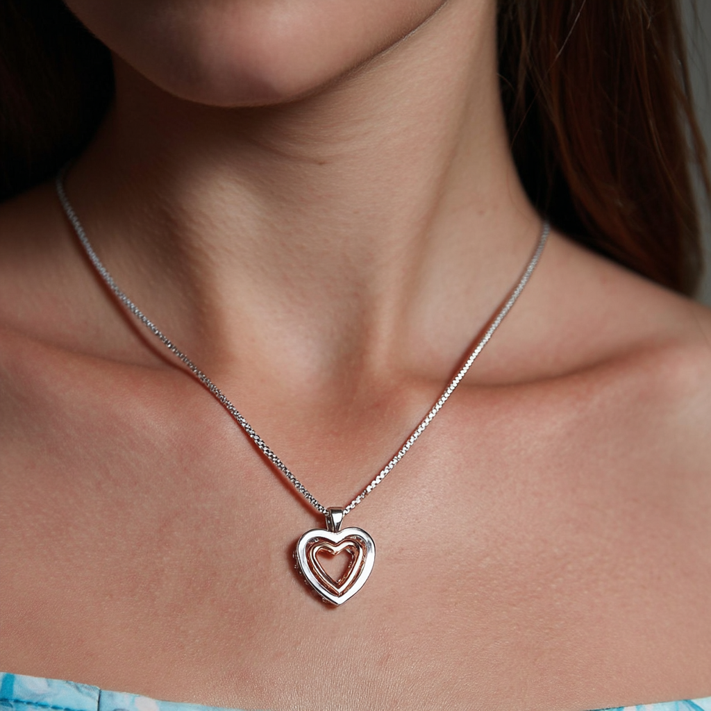 18K White and Rose Gold Two-Tone Crystal Heart Necklace Inscribed "Love You"