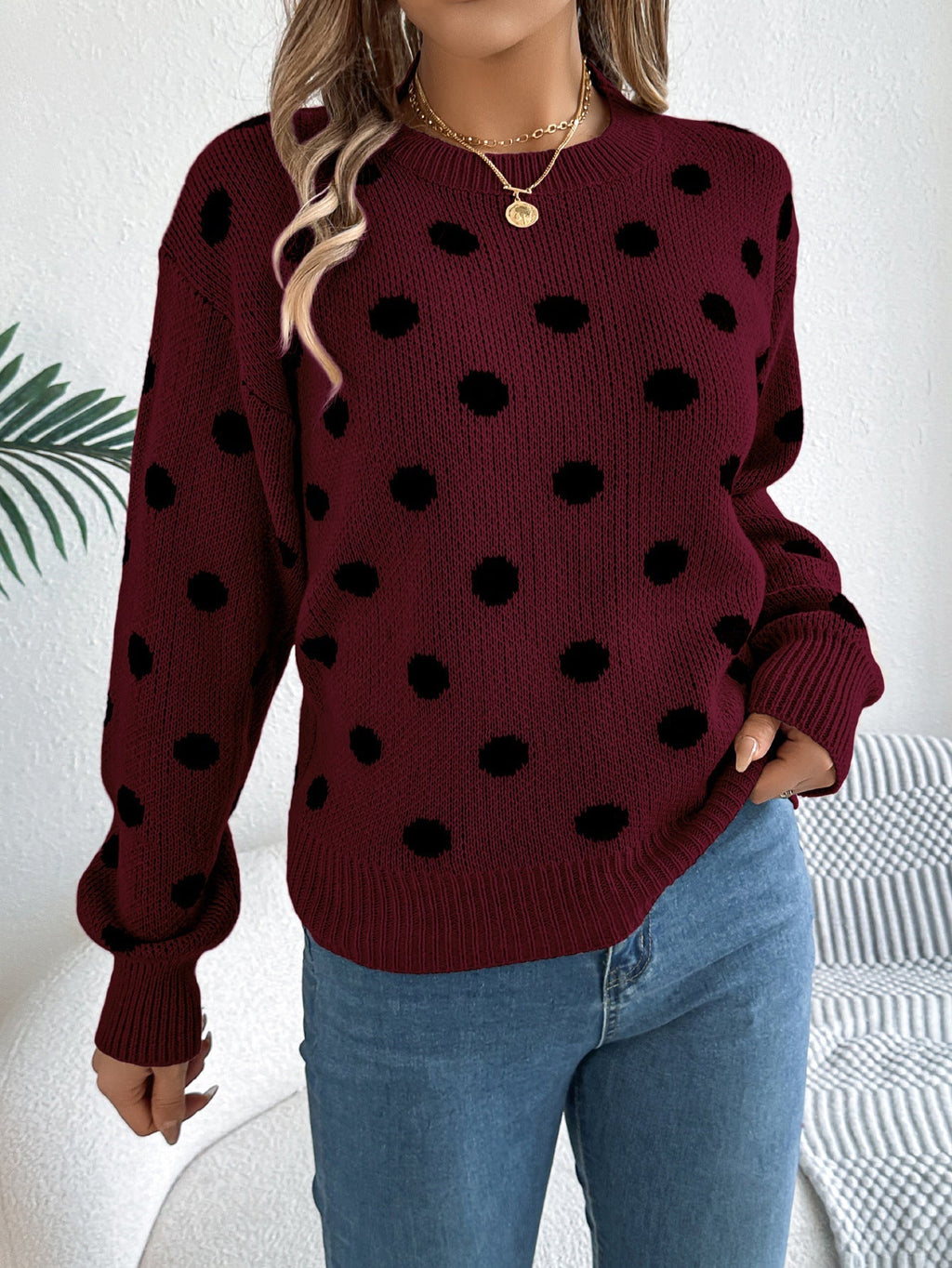 Polka Dot Long - Sleeved Pullover Sweater – Cozy and Stylish Cowgirl Sweater - Rustic Avenue