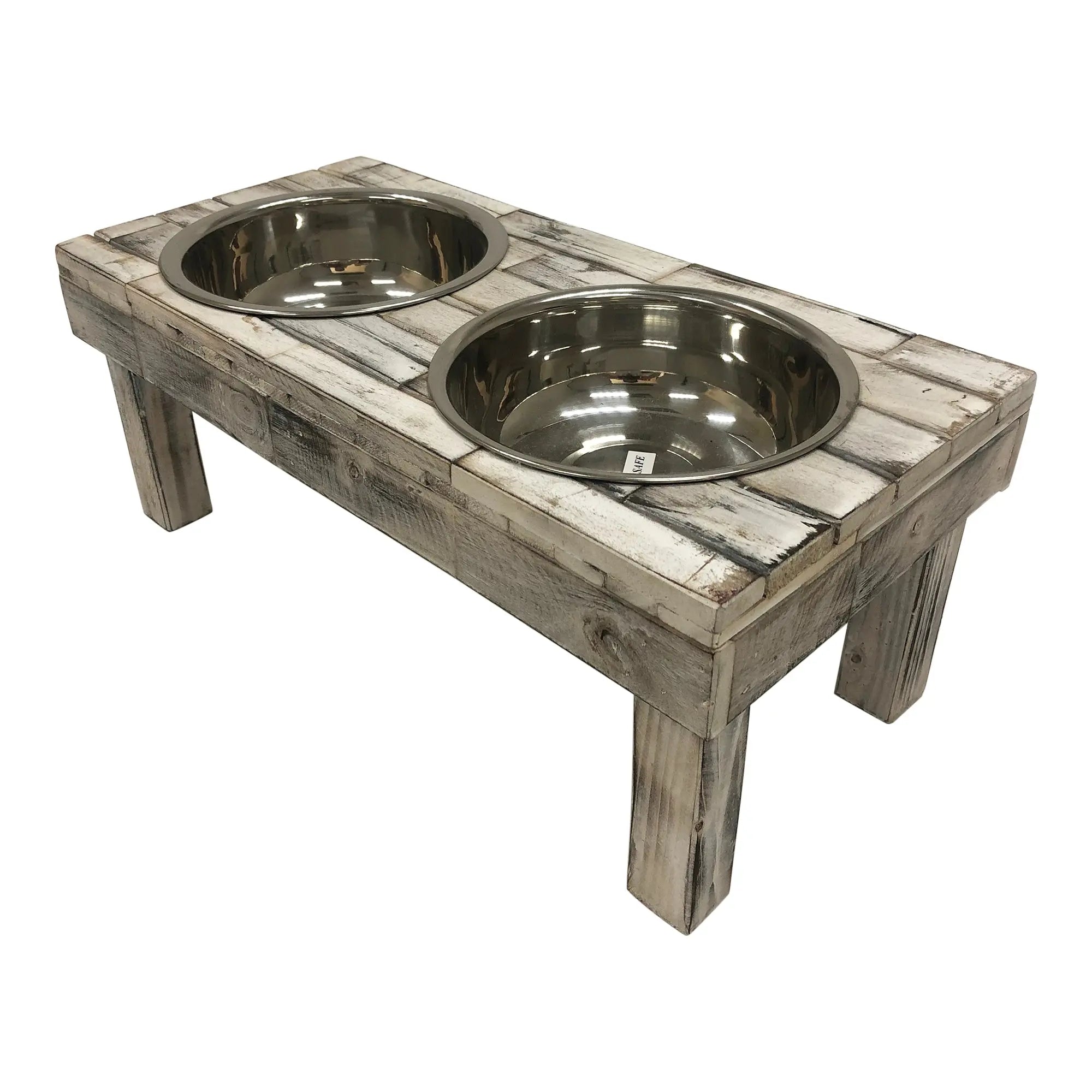 Huntley Pet Berjen Table Elevated Double Bowl Pet Feeder, White Wash - Rustic Avenue
