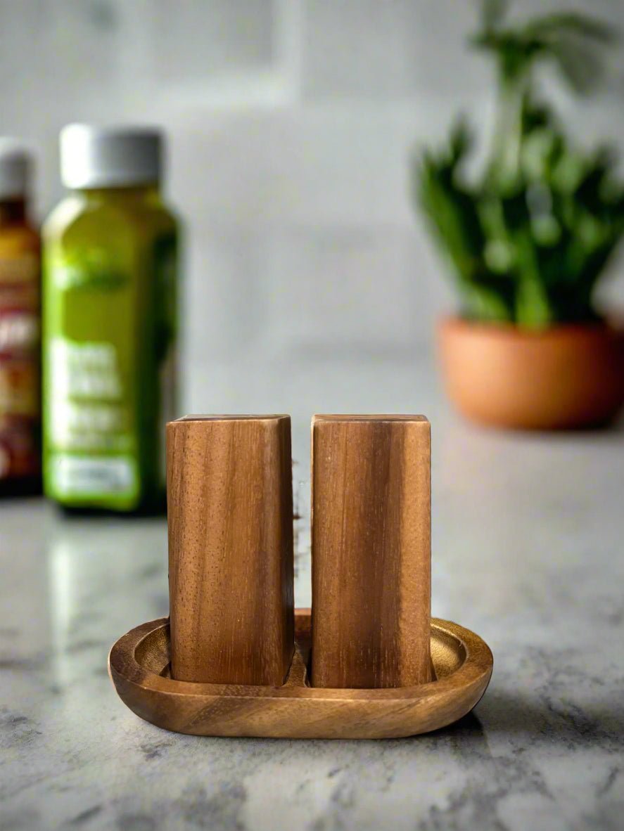 Salt & Pepper Shakers on an Acacia Wood Base - Rustic Avenue