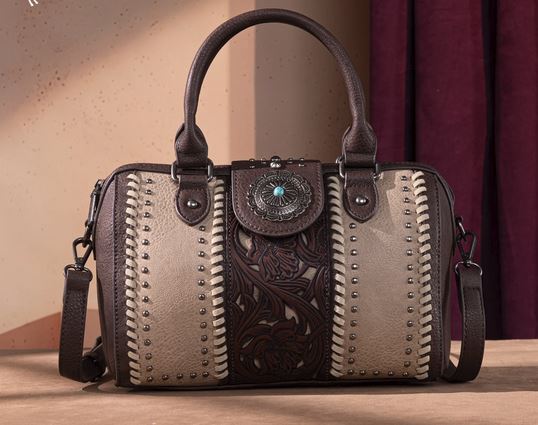 Rustic Charm Tooled Barrel Satchel & Crossbody Purse - Rustic Avenue