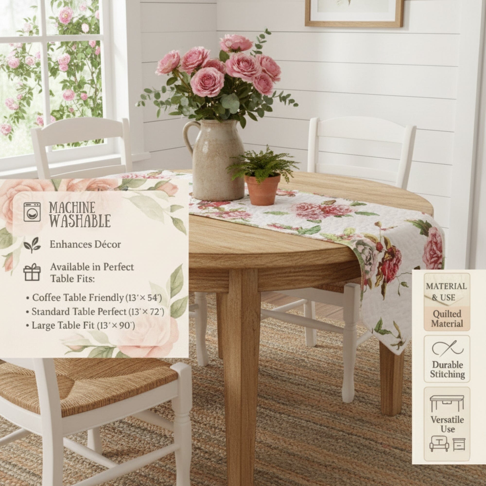 DaDa Bedding Romantic Roses Pink White Lovely Floral Quilted Dining Table Runner (879) - Rustic Avenue
