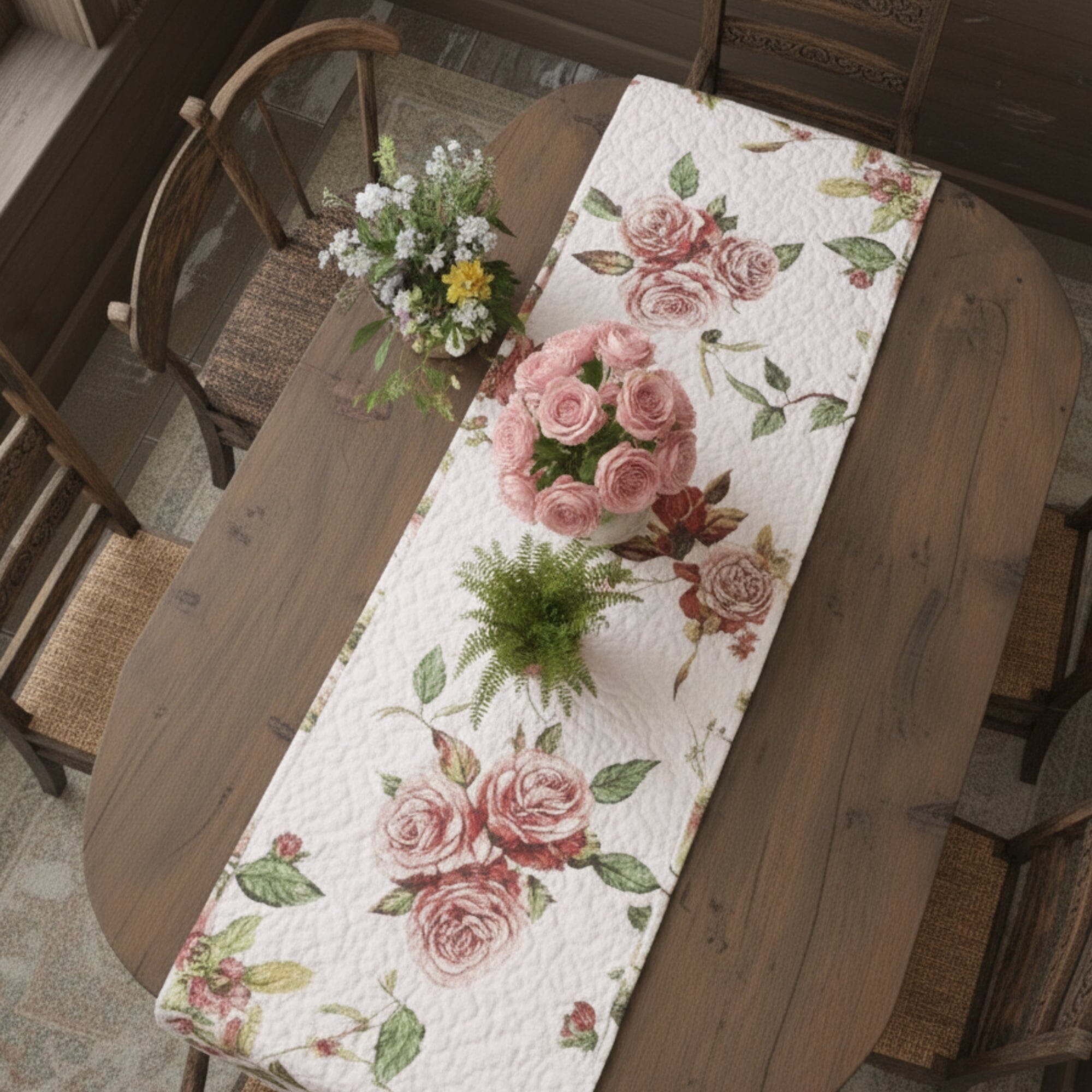 DaDa Bedding Romantic Roses Pink White Lovely Floral Quilted Dining Table Runner (879) - Rustic Avenue