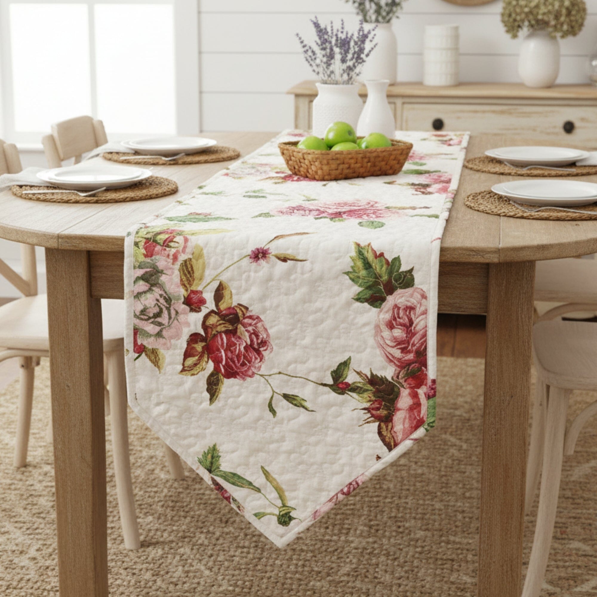DaDa Bedding Romantic Roses Pink White Lovely Floral Quilted Dining Table Runner (879) - Rustic Avenue