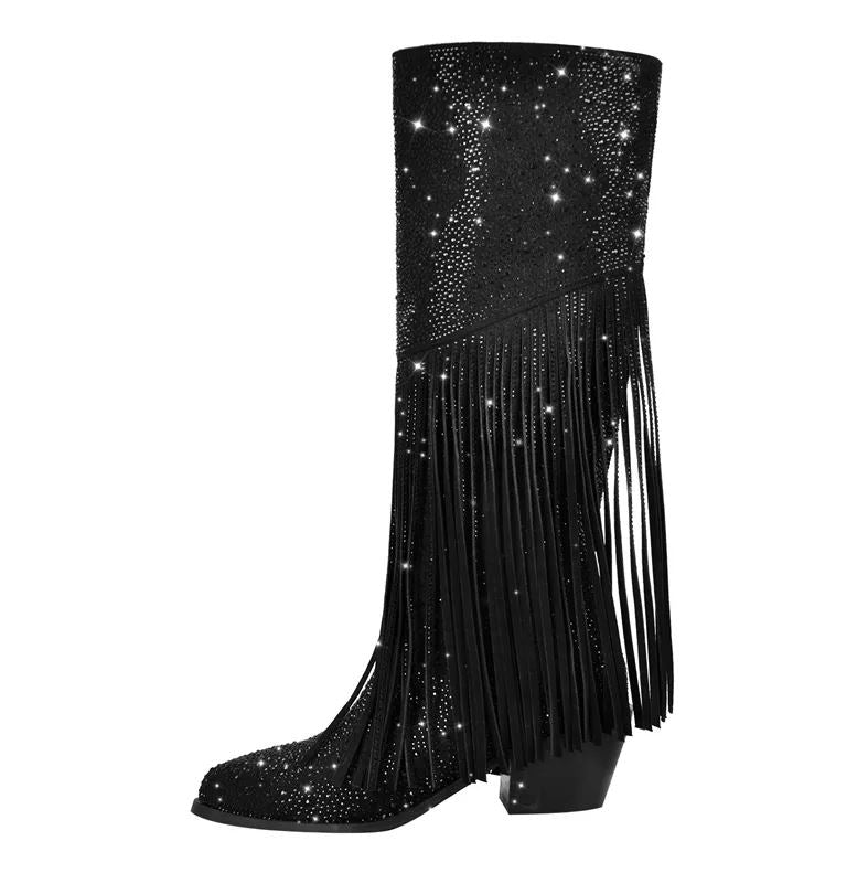 Starry Nights Knee - High Fringe Boots – Rhinestone Embellished Suede Cowgirl Boots - Rustic Avenue