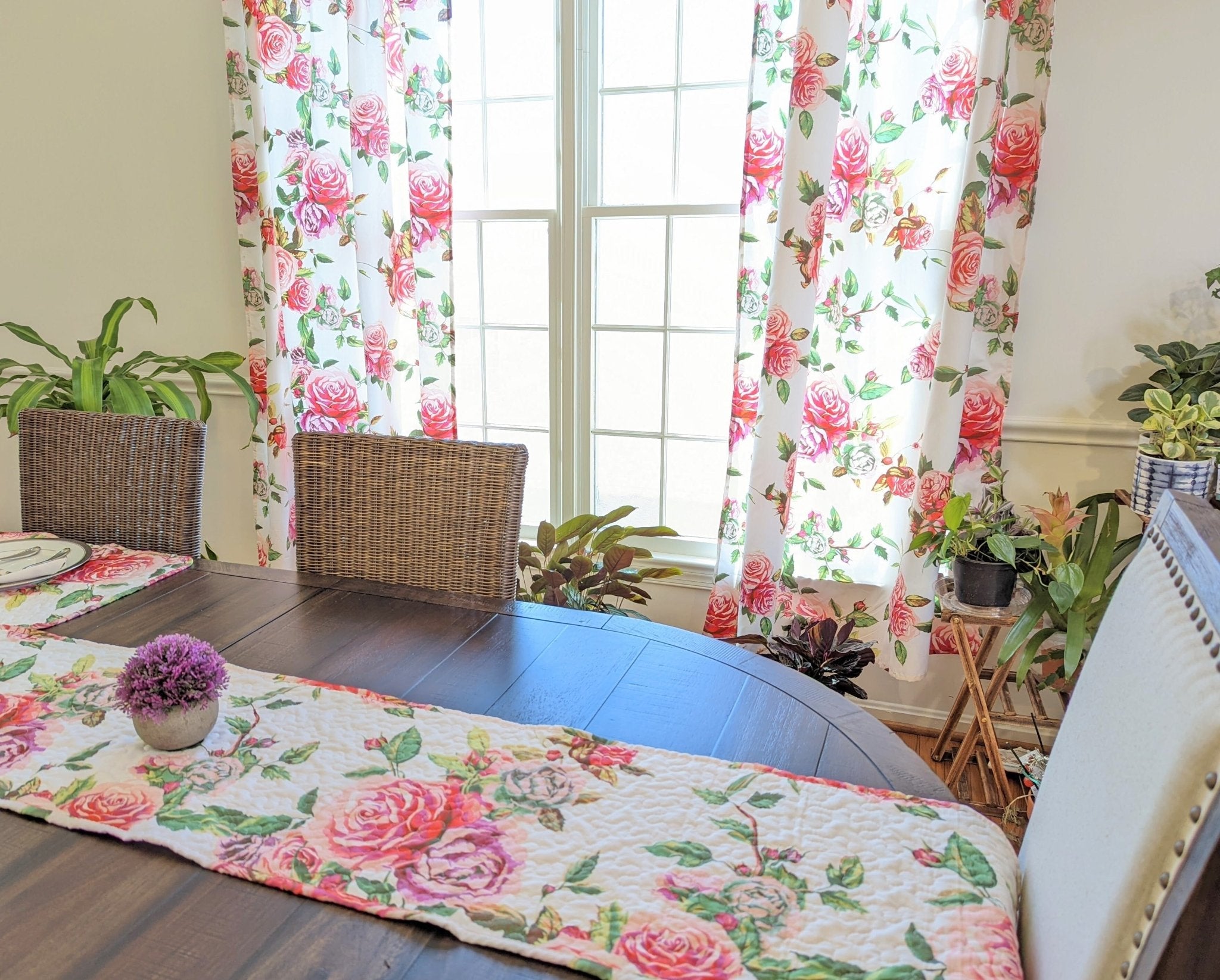 DaDa Bedding Romantic Roses Pink White Lovely Floral Quilted Dining Table Runner (879) - Rustic Avenue