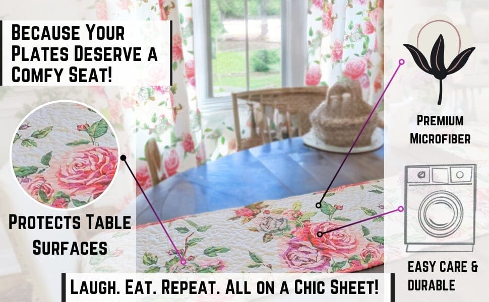 DaDa Bedding Romantic Roses Pink White Lovely Floral Quilted Dining Table Runner (879) - Rustic Avenue