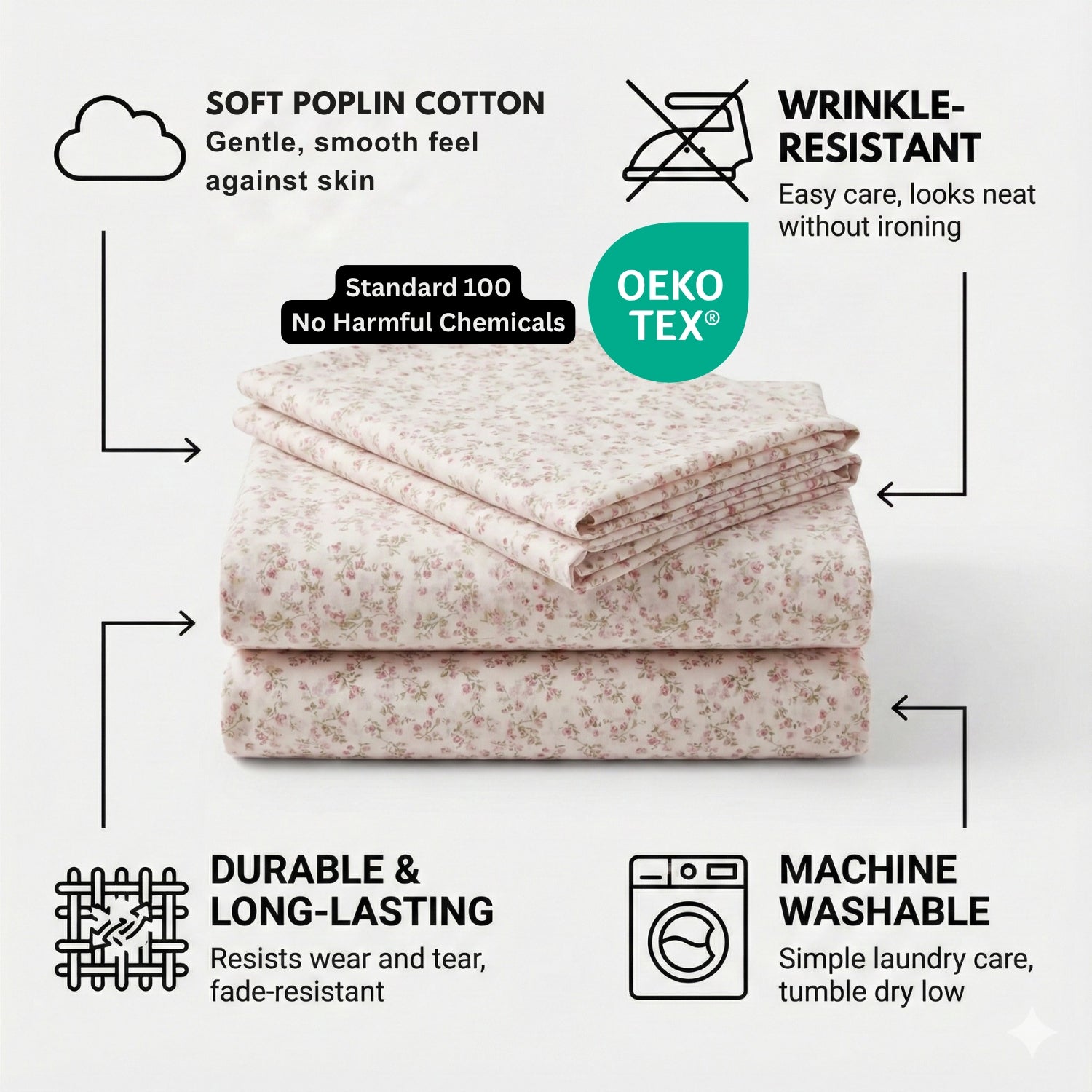 DaDa Bedding Collection Romantic Coquette Sheet Set - 100% Cotton [ Poplin Cotton ] Floral Fitted & Flat Sheets with Pillowcases - Deep Pocket Design - Soft, Breathable, Wrinkle - Resistant - Rustic Avenue