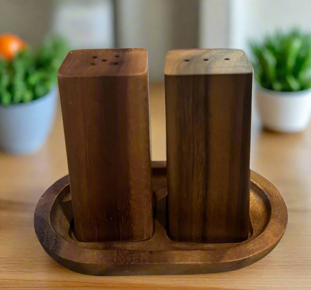Salt & Pepper Shakers on an Acacia Wood Base - Rustic Avenue