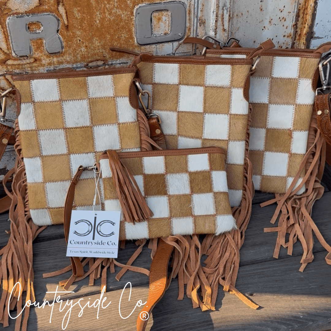 Stockdale Checkered Cowhide Fringe Purse by Countryside Co. - Rustic Avenue