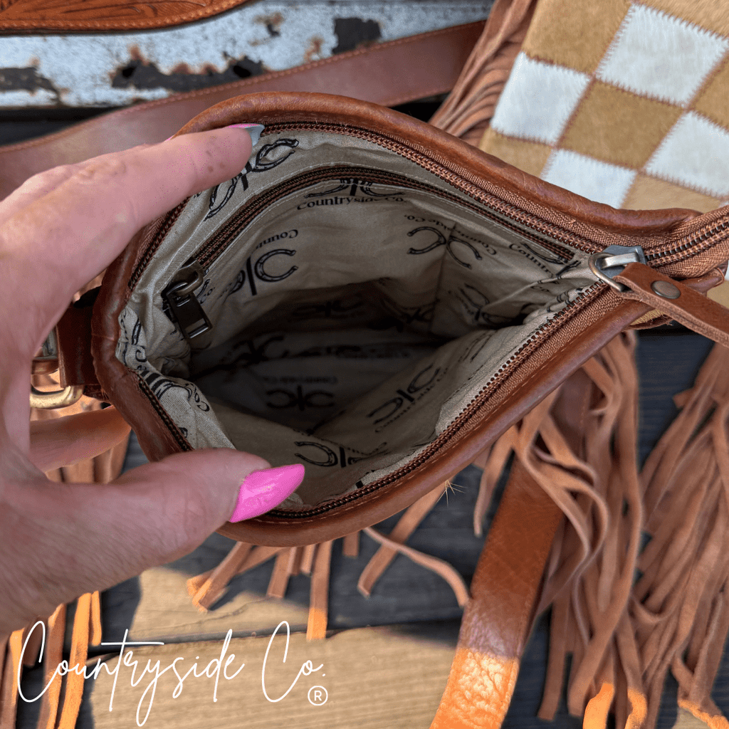 Stockdale Checkered Cowhide Fringe Purse by Countryside Co. - Rustic Avenue