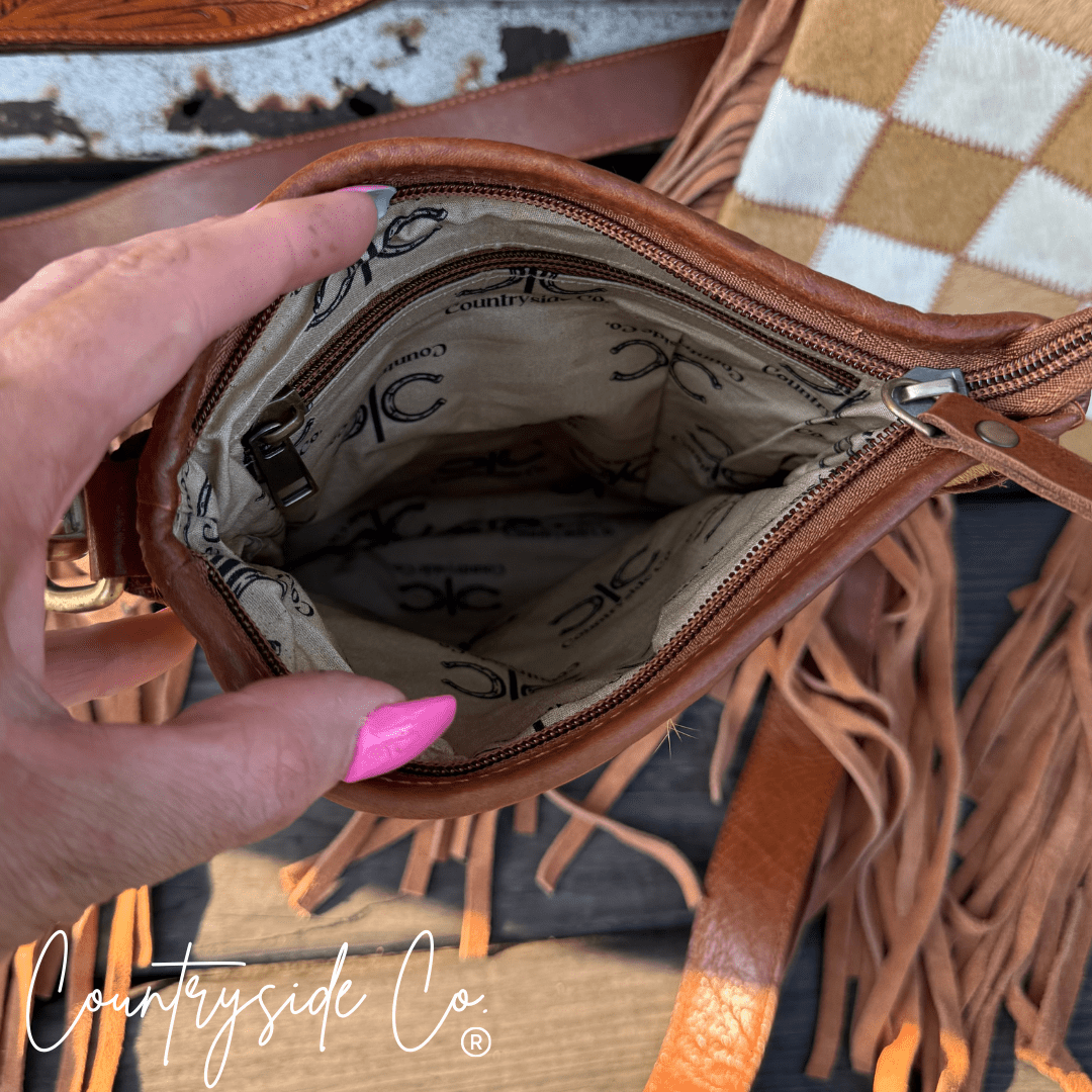 Stockdale Checkered Cowhide Fringe Purse by Countryside Co. - Rustic Avenue