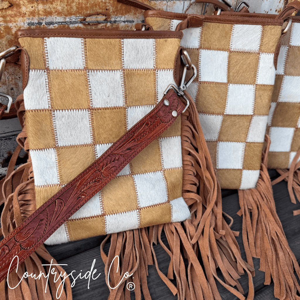Stockdale Checkered Cowhide Fringe Purse by Countryside Co. - Rustic Avenue