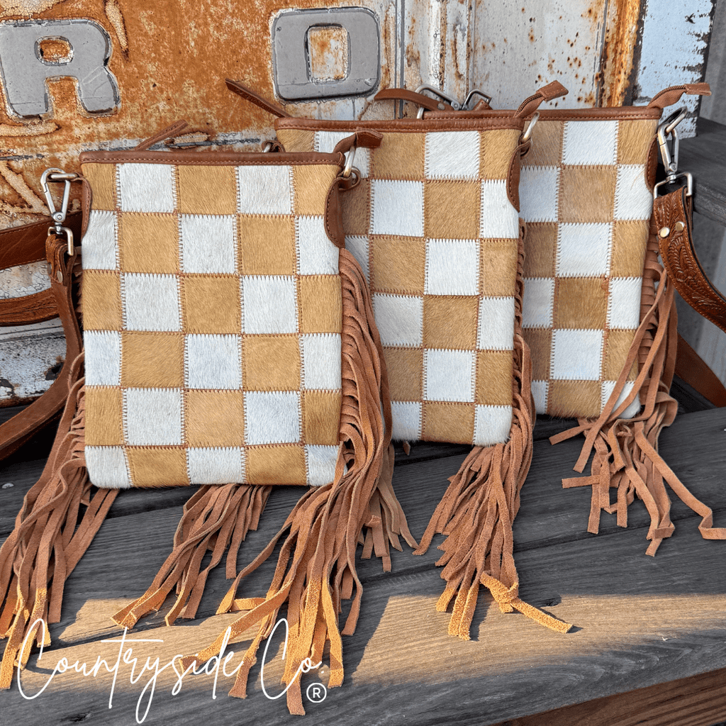 Stockdale Checkered Cowhide Fringe Purse by Countryside Co. - Rustic Avenue