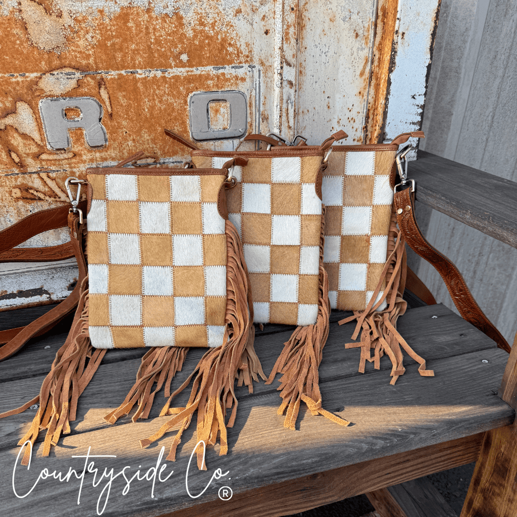 Stockdale Checkered Cowhide Fringe Purse by Countryside Co. - Rustic Avenue