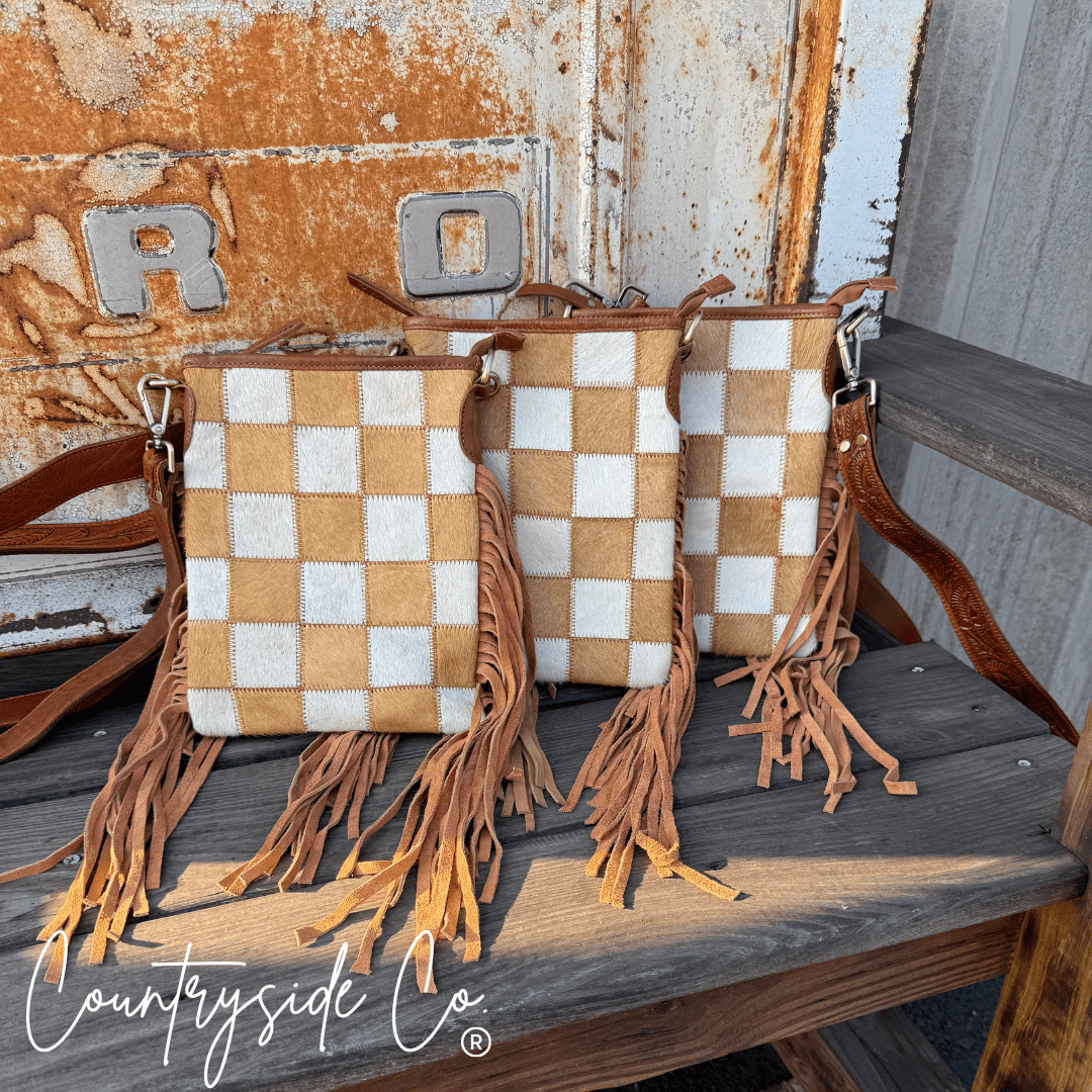 Stockdale Checkered Cowhide Fringe Purse by Countryside Co. - Rustic Avenue
