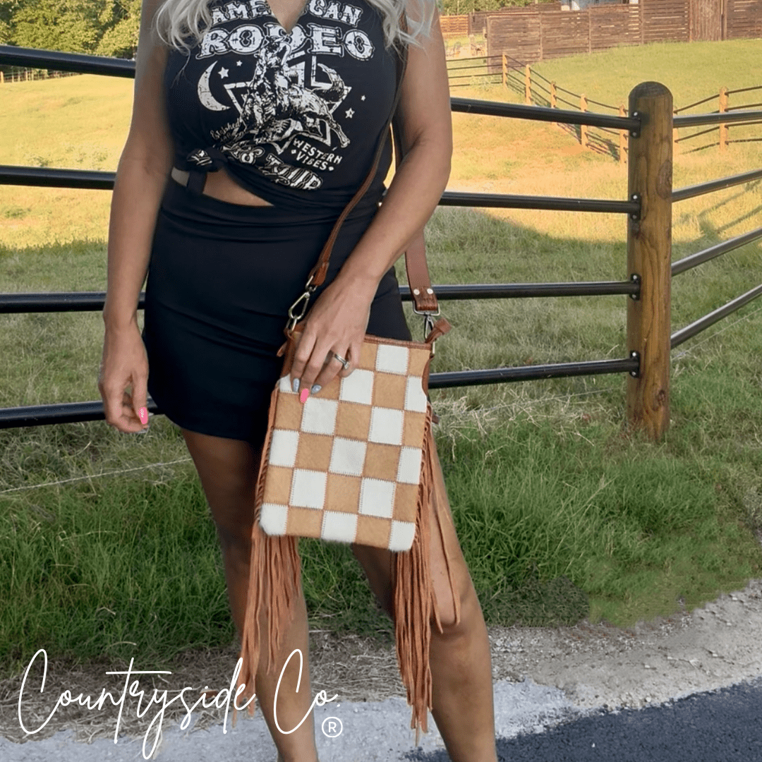 Stockdale Checkered Cowhide Fringe Purse by Countryside Co. - Rustic Avenue