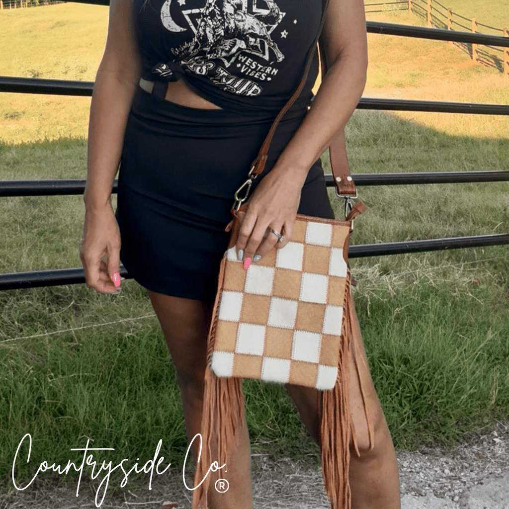 Stockdale Checkered Cowhide Fringe Purse by Countryside Co. - Rustic Avenue