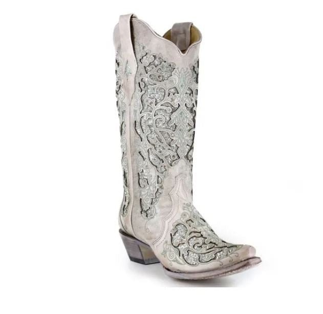 Rhinestone Hollow Out Flower Cowgirl Boots – Sexy High Heel Western Style - Rustic Avenue