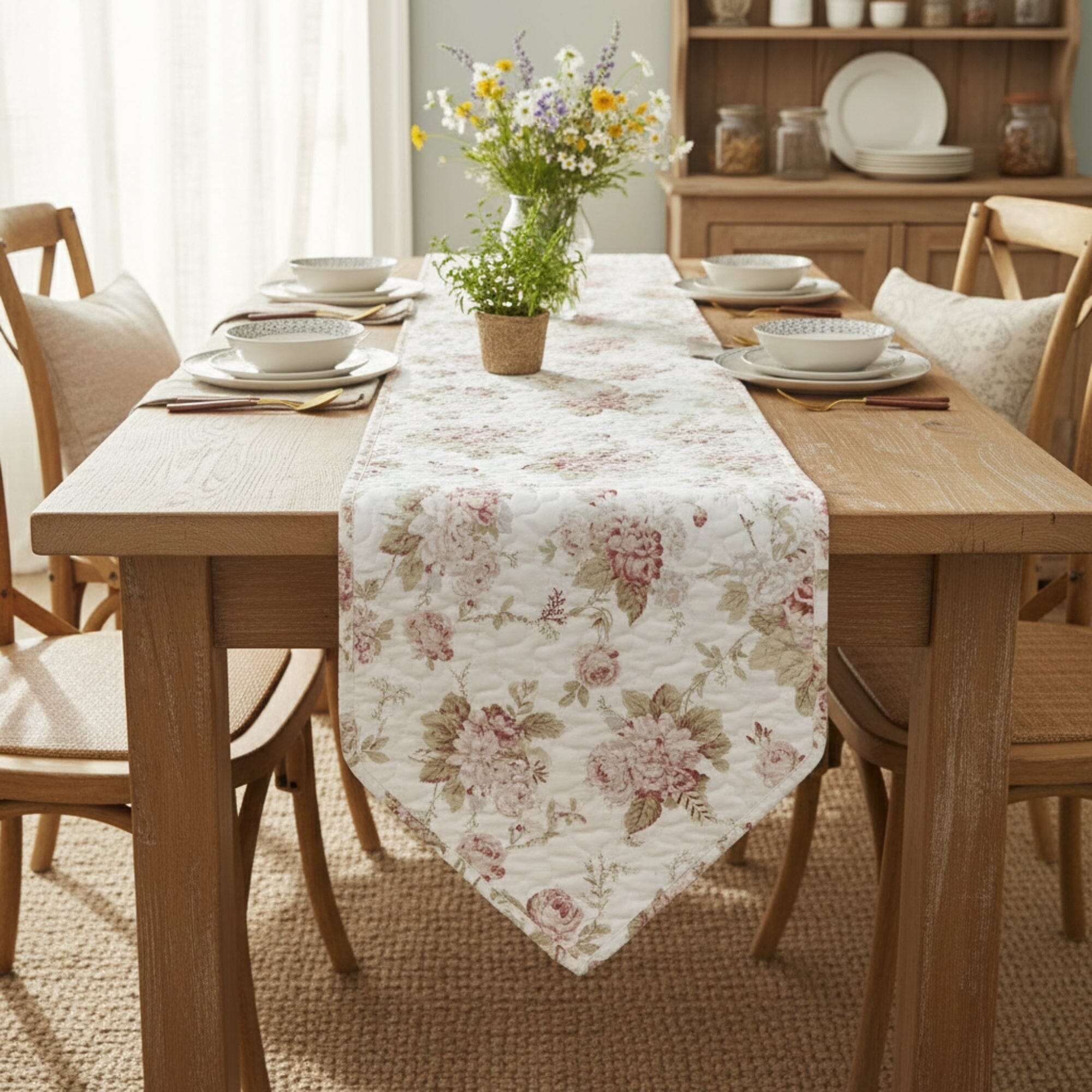 DaDa Bedding Hint of Mint Cottage Floral Roses Quilted Cotton Dining Table Runner (3036) - Rustic Avenue