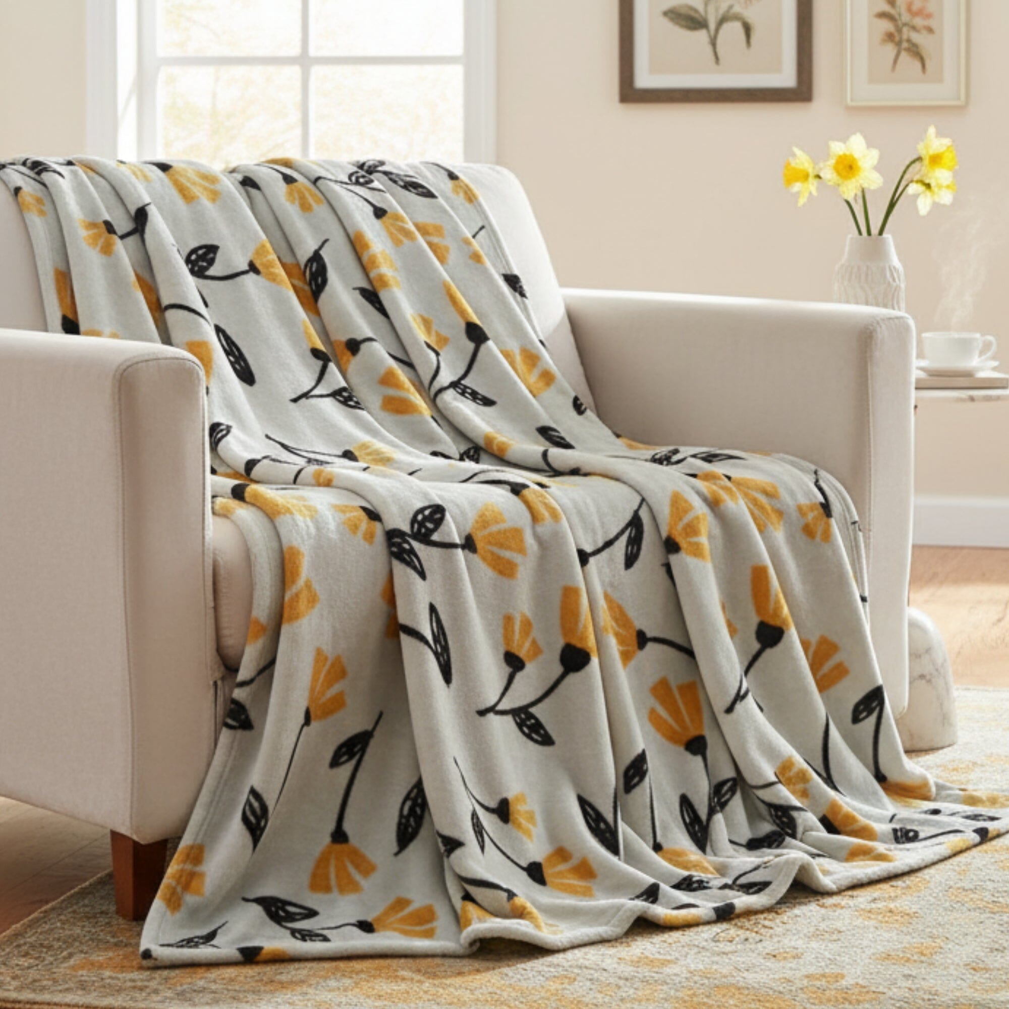 DaDa Bedding Soft Lightweight Fleece Throw Blanket, Yellow Fleur Floral Golden Orange Silver/Grey Background (XY1011) - Rustic Avenue