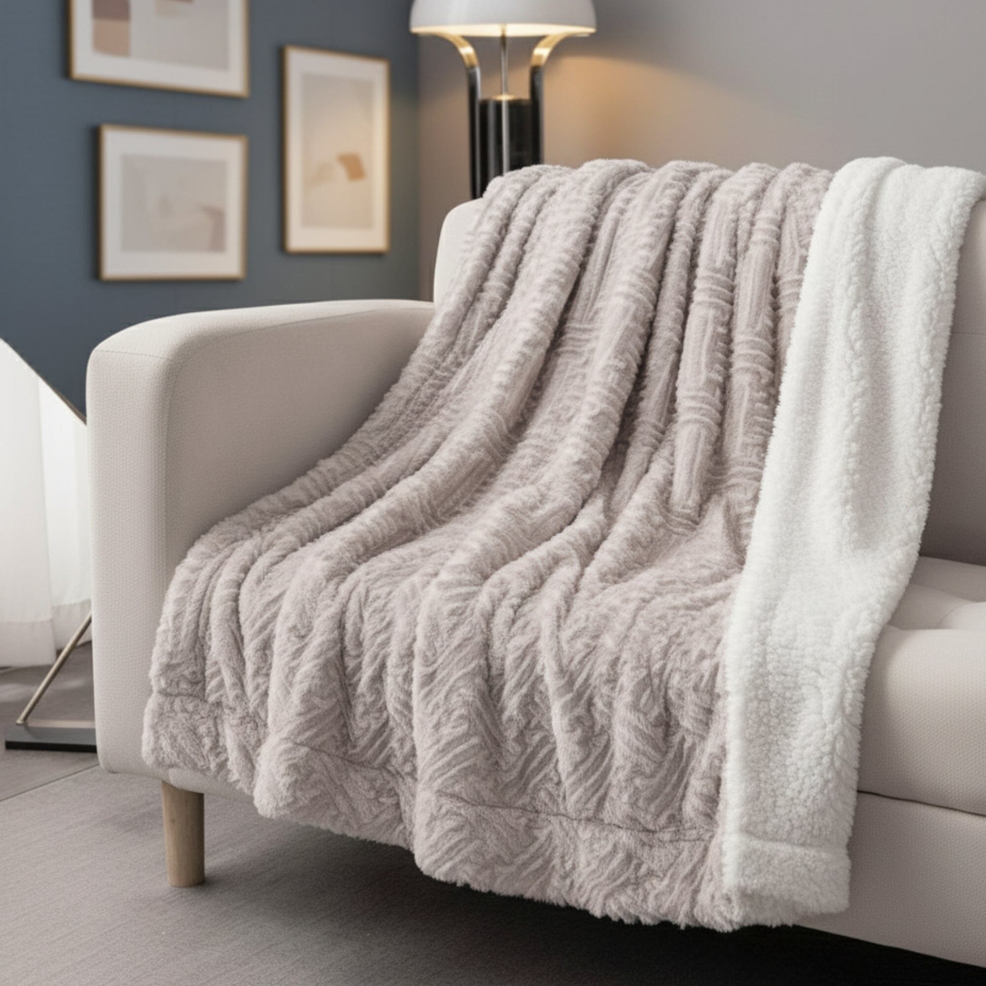 DaDalogy Bedding Lavender Grey Faux Fur Throw Blanket - Dreamy Geometric Embossed Sherpa Backside - Super Soft Warm Cozy Plush Fluffy - Rustic Avenue