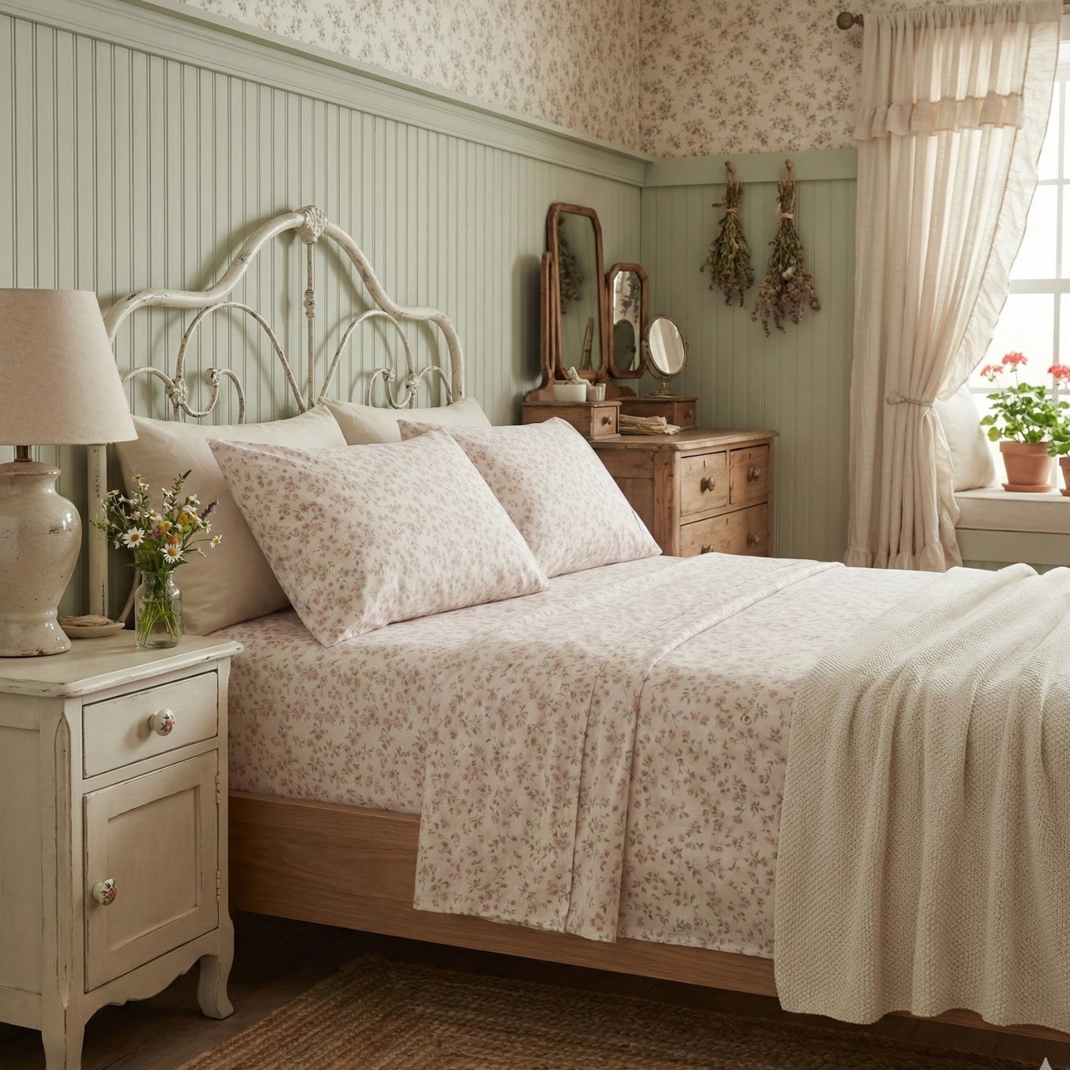 DaDa Bedding Collection Romantic Coquette Sheet Set - 100% Cotton [ Poplin Cotton ] Floral Fitted & Flat Sheets with Pillowcases - Deep Pocket Design - Soft, Breathable, Wrinkle - Resistant - Rustic Avenue