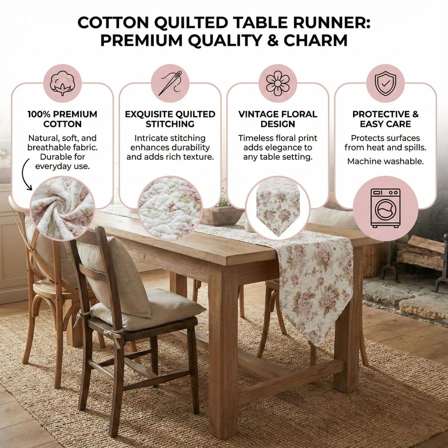 DaDa Bedding Hint of Mint Cottage Floral Roses Quilted Cotton Dining Table Runner (3036) - Rustic Avenue