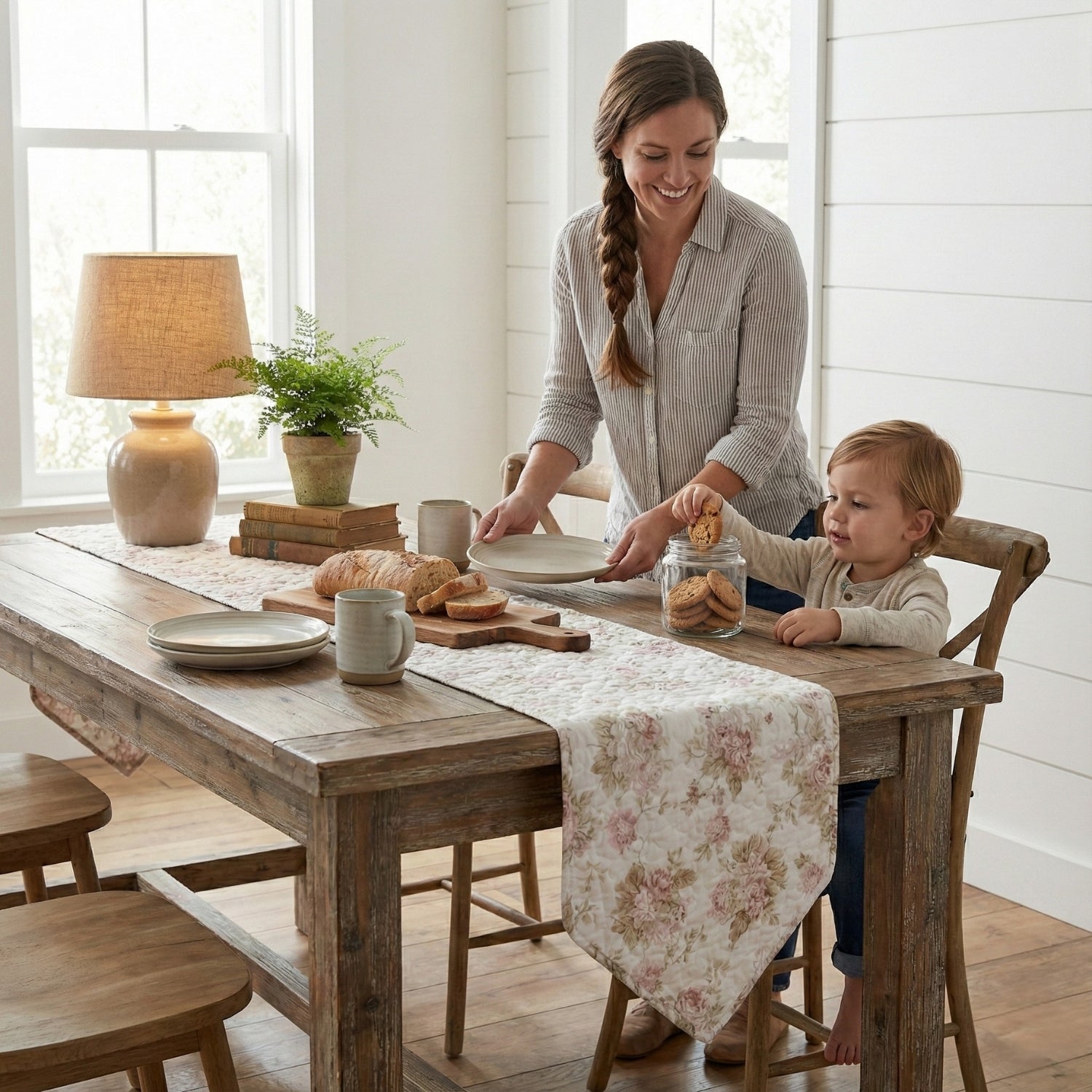 DaDa Bedding Hint of Mint Cottage Floral Roses Quilted Cotton Dining Table Runner (3036) - Rustic Avenue