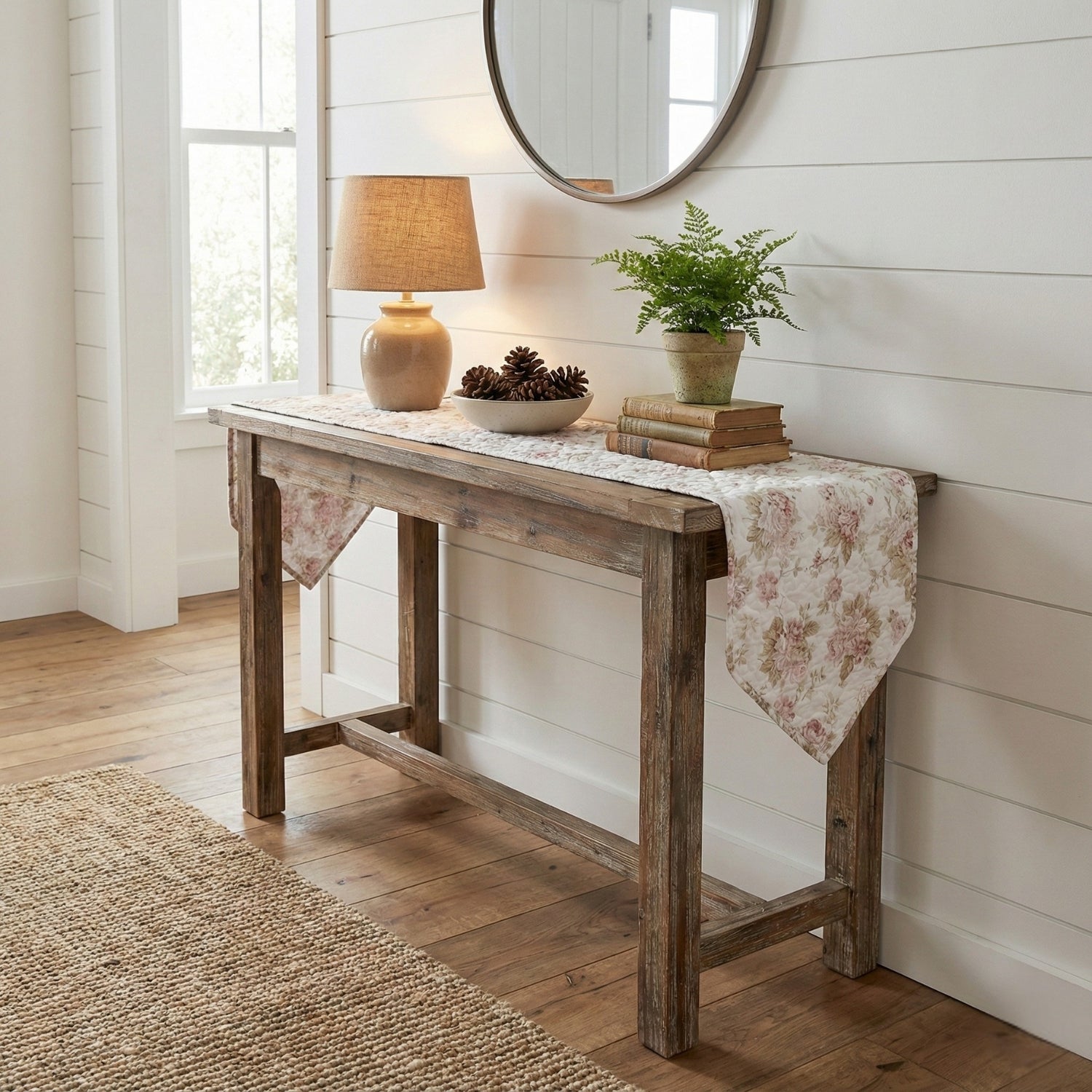 DaDa Bedding Hint of Mint Cottage Floral Roses Quilted Cotton Dining Table Runner (3036) - Rustic Avenue
