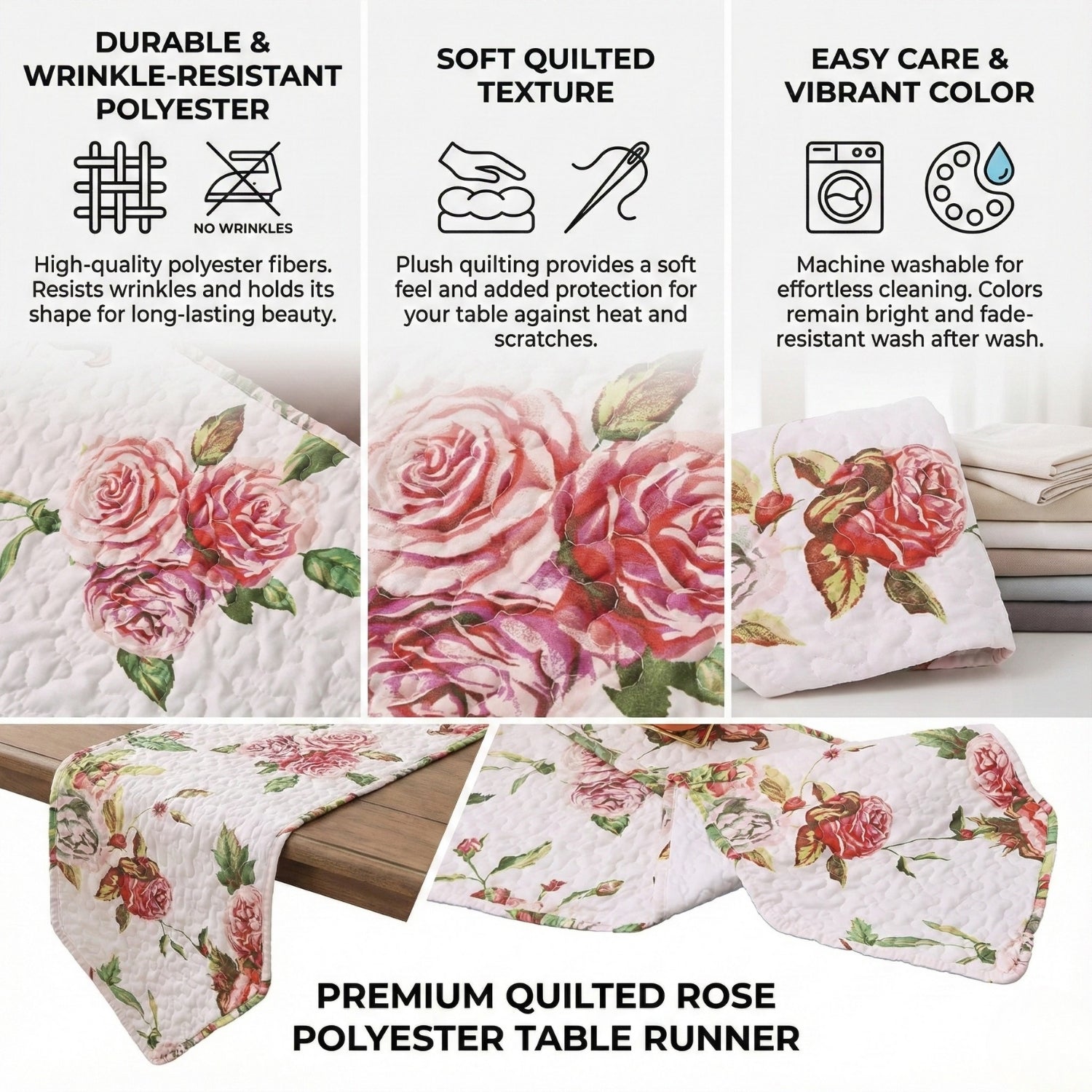 DaDa Bedding Romantic Roses Pink White Lovely Floral Quilted Dining Table Runner (879) - Rustic Avenue