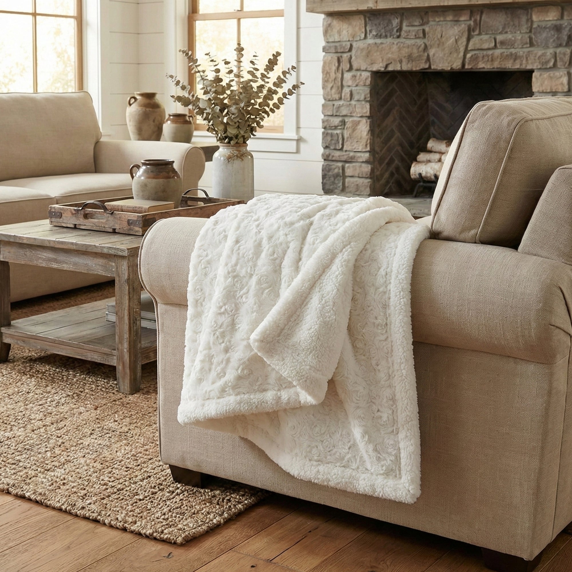 DaDa Bedding Luxury White Roses Fluffy Soft Sherpa Backside Faux Fur Throw Blanket (K11) - Rustic Avenue