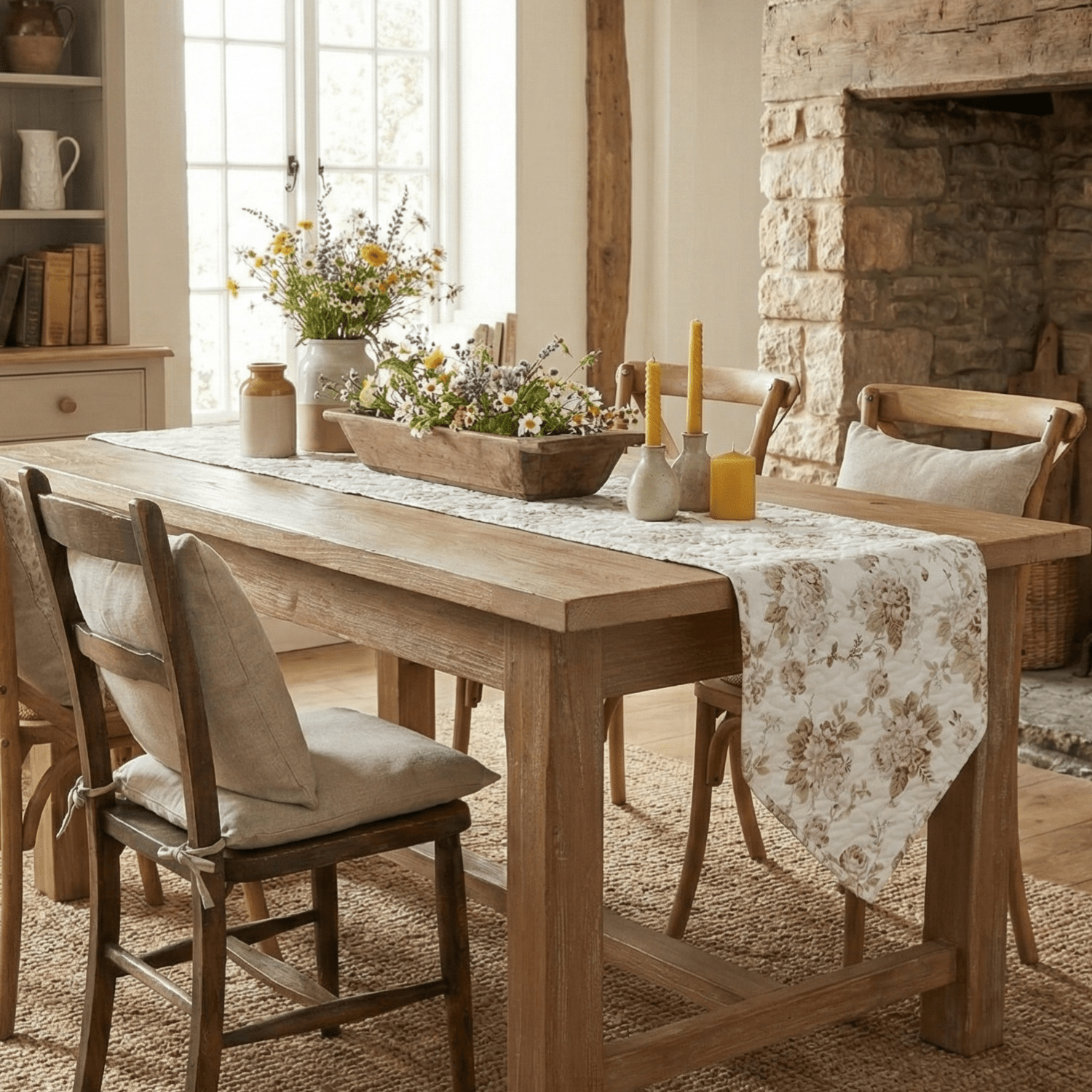 DaDa Bedding Hint of Mint Cottage Floral Roses Quilted Cotton Dining Table Runner (3036) - Rustic Avenue