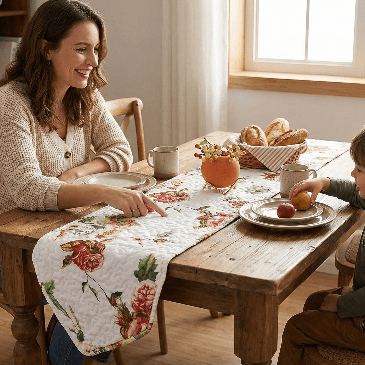 DaDa Bedding Romantic Roses Pink White Lovely Floral Quilted Dining Table Runner (879) - Rustic Avenue
