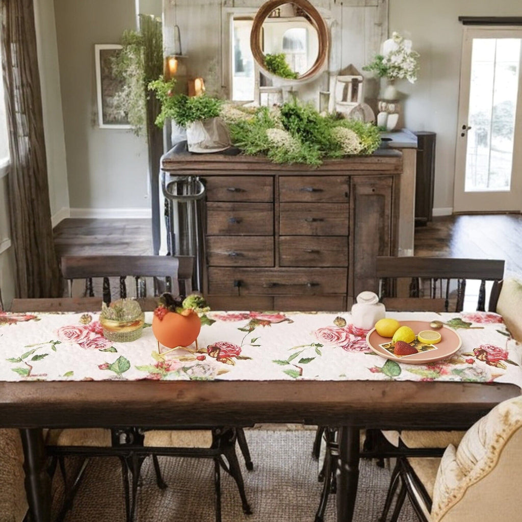 DaDa Bedding Romantic Roses Pink White Lovely Floral Quilted Dining Table Runner (879) - Rustic Avenue