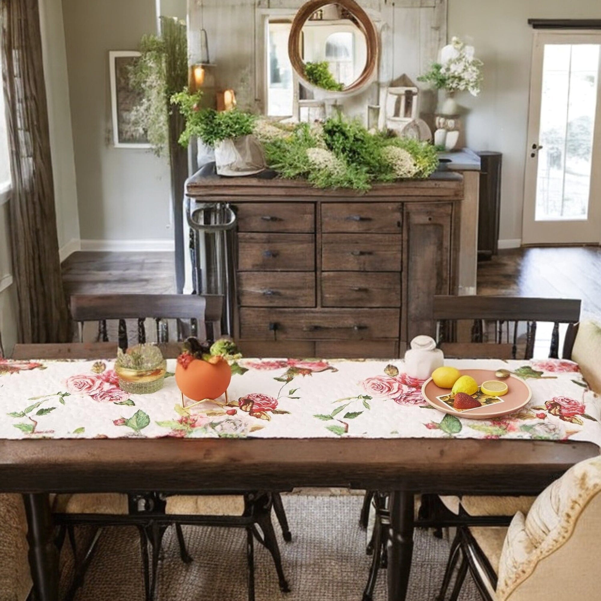 DaDa Bedding Romantic Roses Pink White Lovely Floral Quilted Dining Table Runner (879) - Rustic Avenue