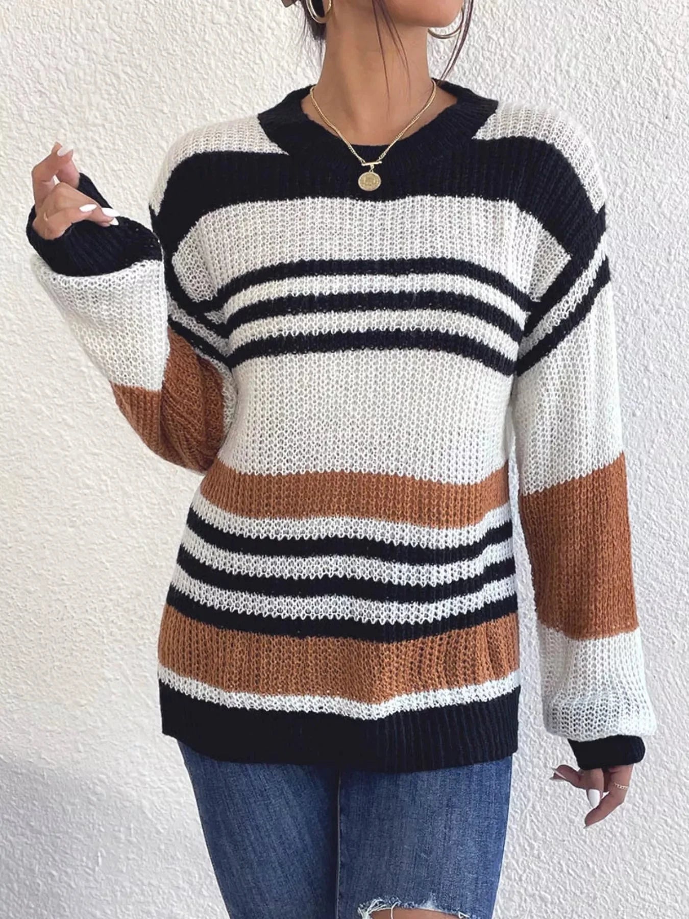 Annie Striped Round Neck Knit Sweater