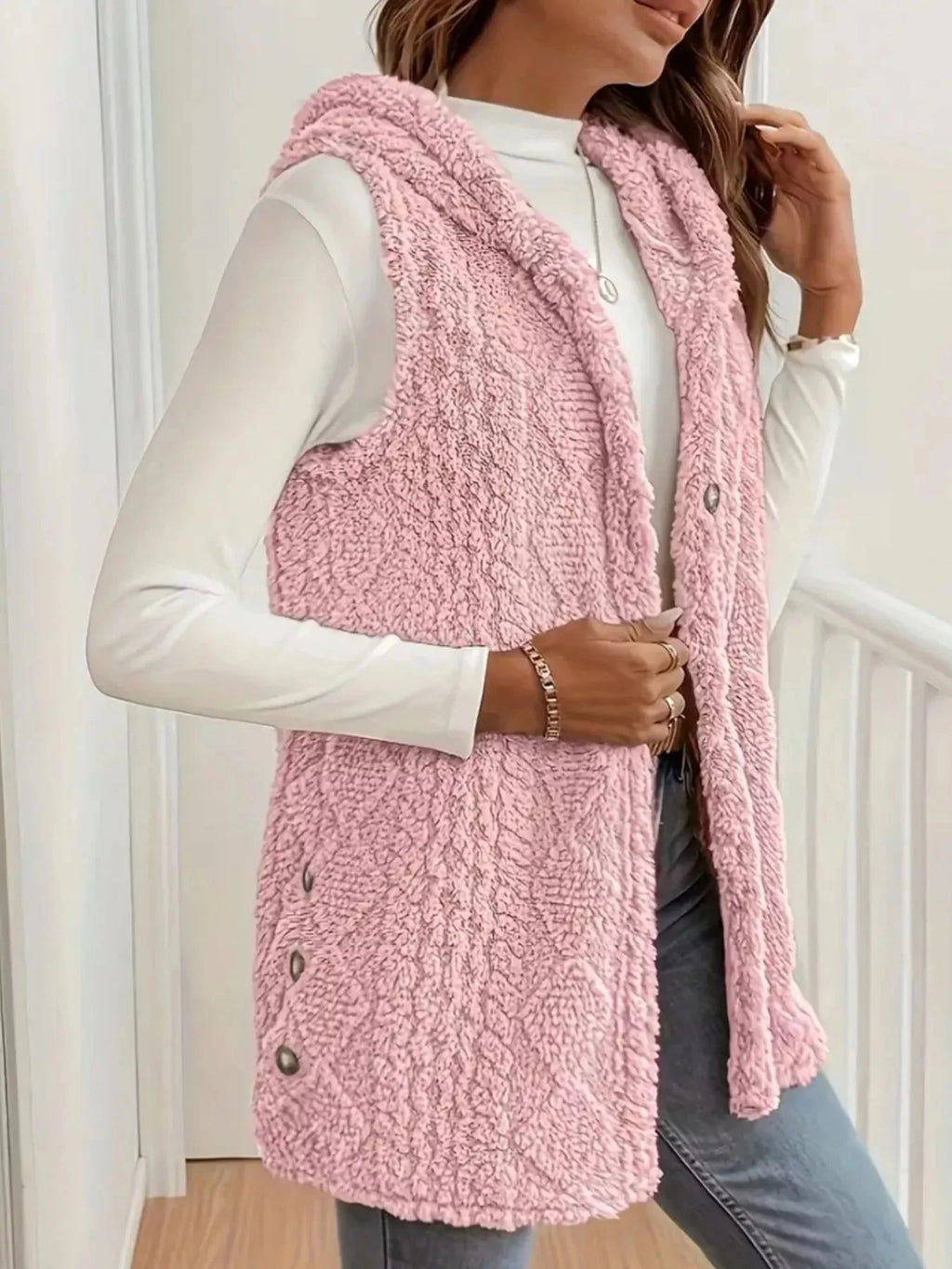 Button Up Plush Hooded Vest Coat