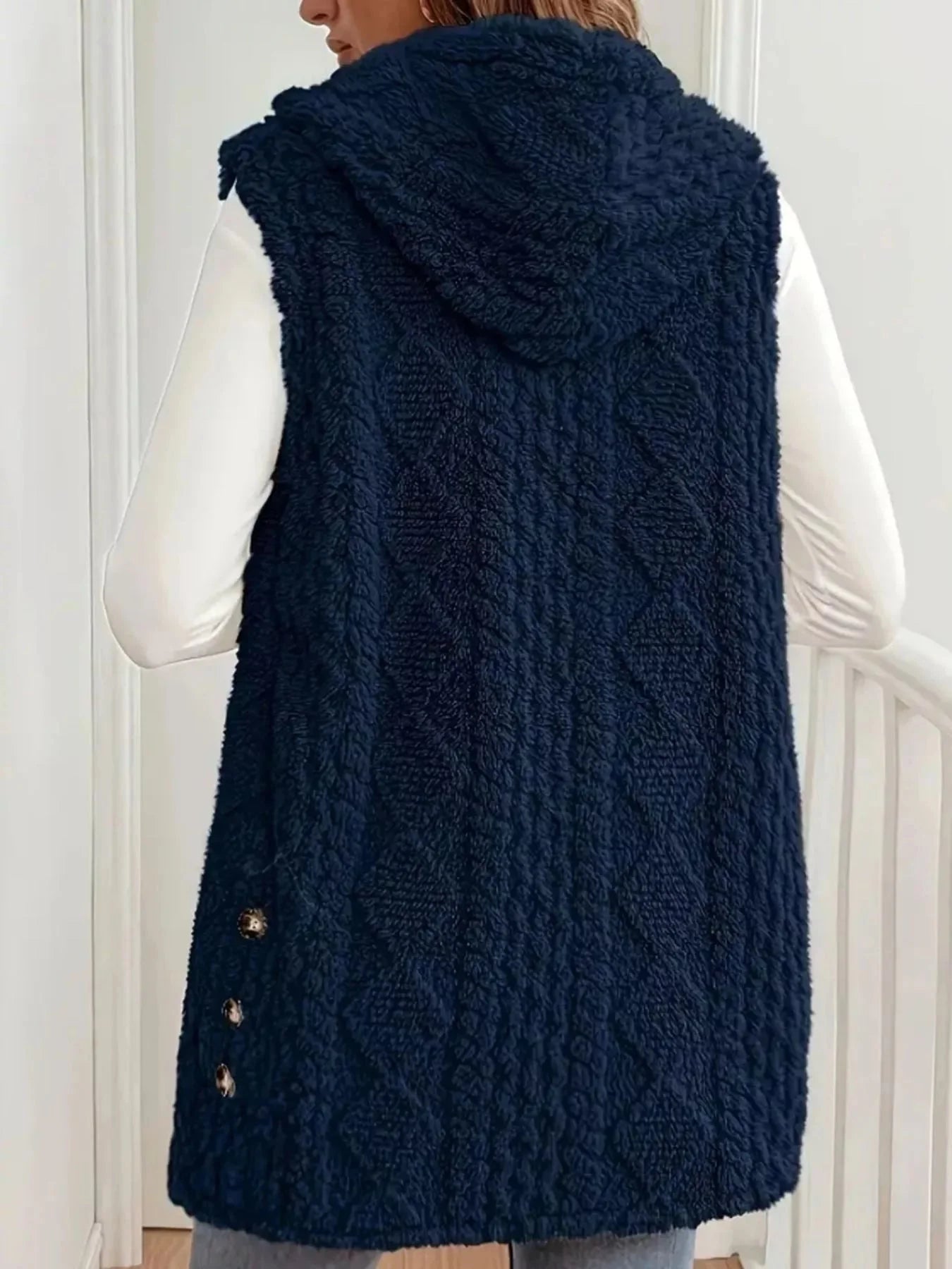 Button Up Plush Hooded Vest Coat