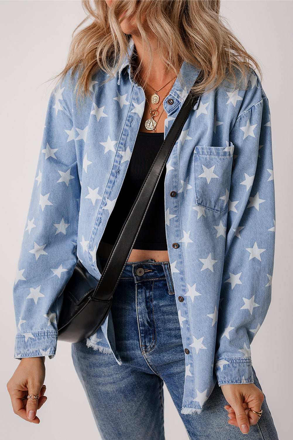 Star Light Wash Raw Hem Denim Jacket - Rustic Avenue