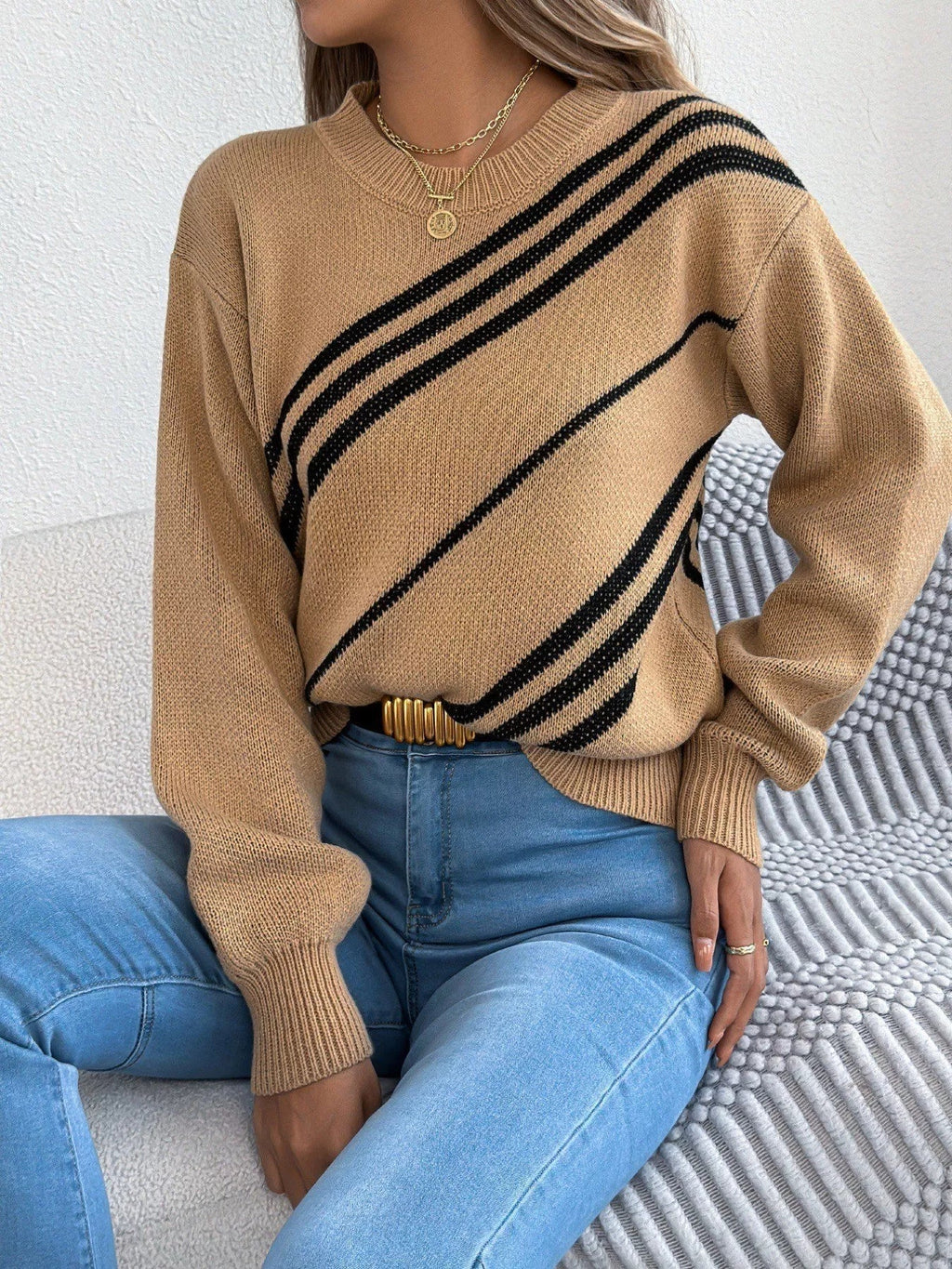Carrier Striped Pattern Round Neck Sweater