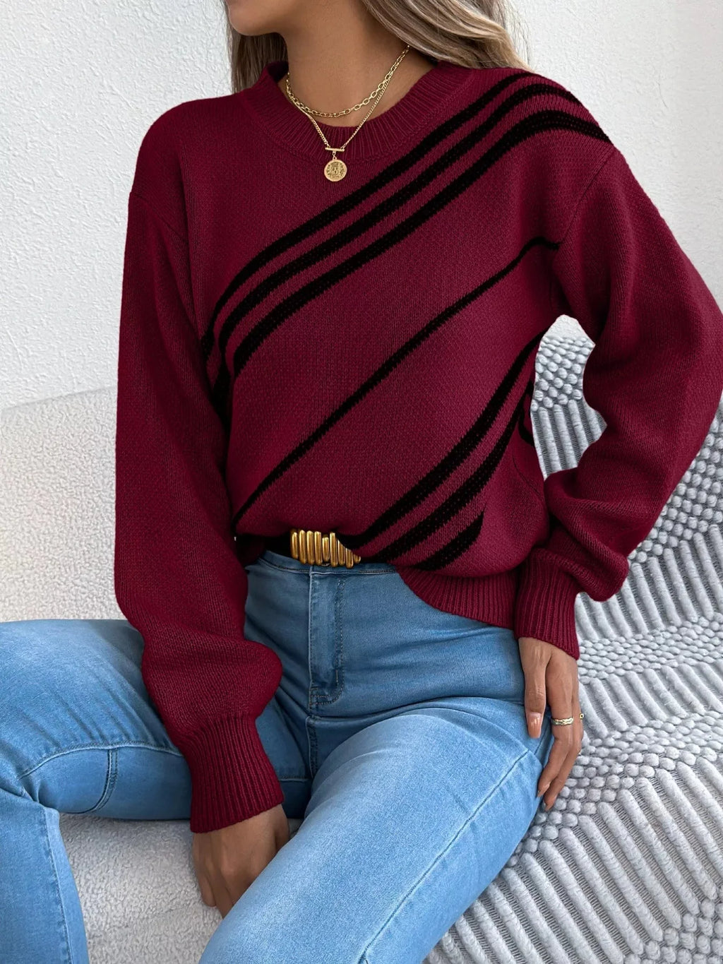 Carrier Striped Pattern Round Neck Sweater