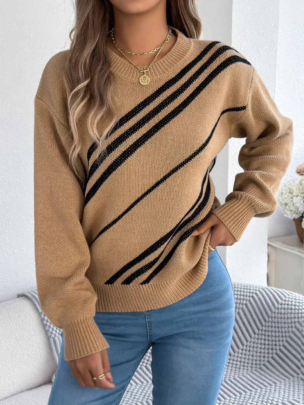 Carrier Striped Pattern Round Neck Sweater